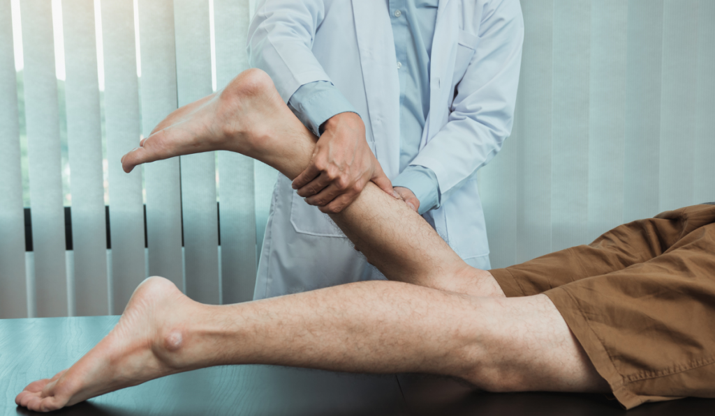 Physical therapists use their hands to check the calf muscles.